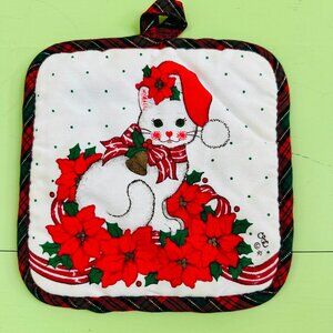 Vintage Christmas Pot Holder 90s Christmas Cat Pot Holder Xmas Kitchen Decor